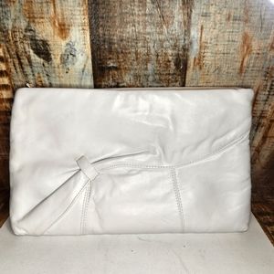 Vintage 80s White Leather Envelope Zip Clutch Purse Handbag Bag Asymmetrical